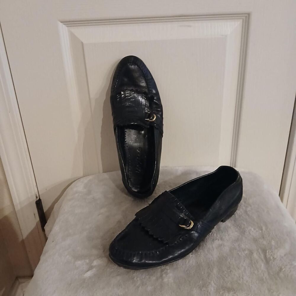 Vintage 90s Vito Rufolo black leather dress shoes fringe gold-tone buckle 10.5